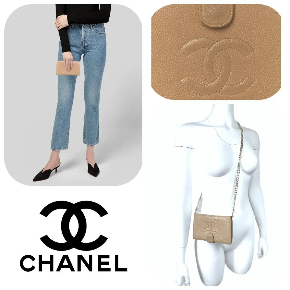 Chanel large beige Caviar leather trifold wallet